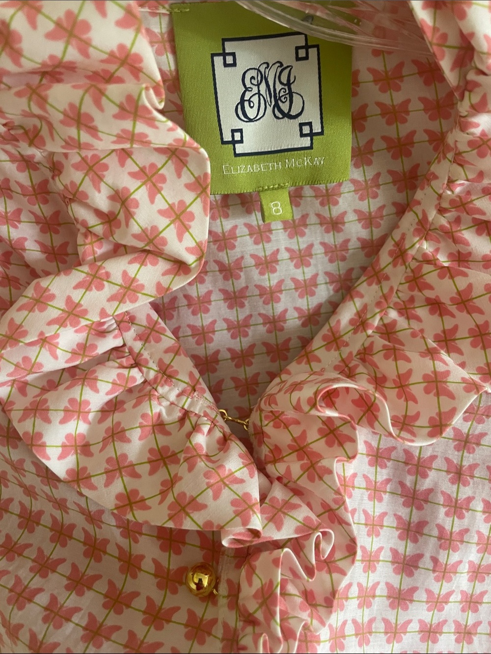 Elizabeth McKay Pink and Green Floral Ruffle Silk Blouse size 8